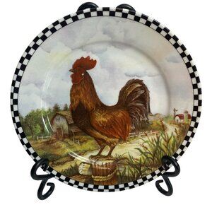 Red Rooster Plate 8" Country Kitchen Checkerboard Border Hen